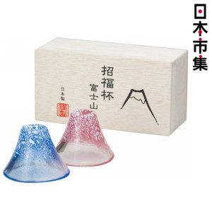圖片 日本 富士山招福杯 日本製 紅藍一對 清酒燒灼用玻璃杯 (原木禮盒裝) (449)【市集世界 - 日本市集】