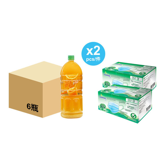 菓汁先生橙汁(餐飲金裝)(2L x 6瓶) 2箱 + WatsMask ASTM LEVEL 3 三層醫用外科口罩30個裝(獨立包裝) 2盒