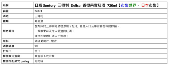 圖片 日版Suntory 三得利 Delica 香橙果實紅酒 720ml【市集世界 - 日本市集】